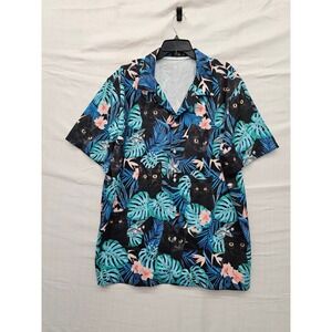 ACE Mens Tropical Black Cat Hawaiian Button Down Shirt Blue Polyester Size XL